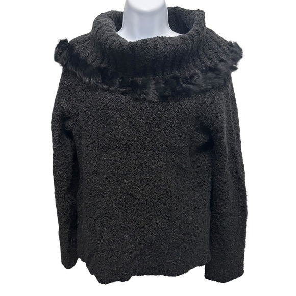 Escapade Black Boucle Knit Rabbit Fur Trim Cowl‎ Neck Sweater Medium - Picture 1 of 11